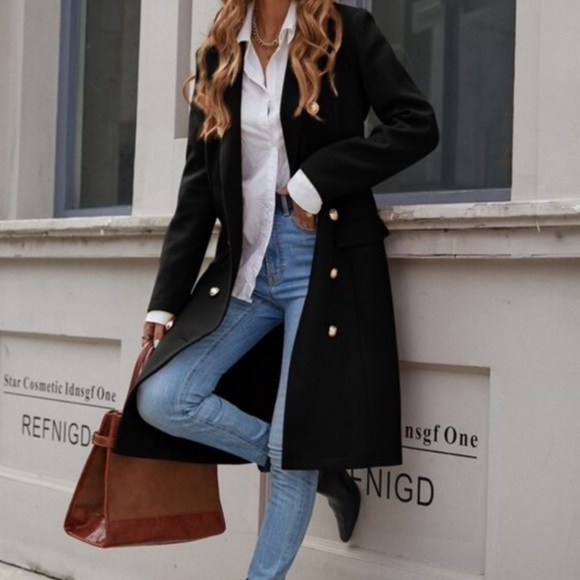 Classic Black Button up Long Jacket Coat - Picture 2 of 16